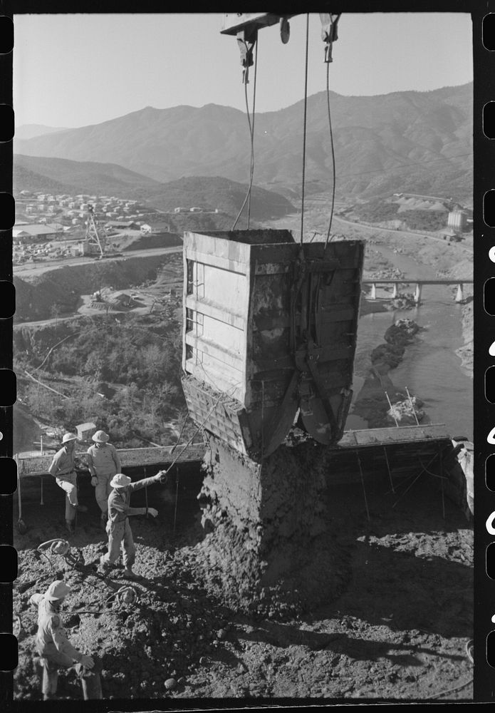 Dumping concrete in construction of Shasta Dam, Shasta County, California by Russell Lee