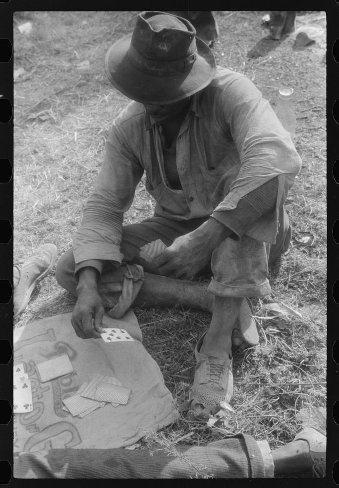 [Untitled photo, possibly related to: Florida migratory agricultural worker, playing cards during lunch hour at the…