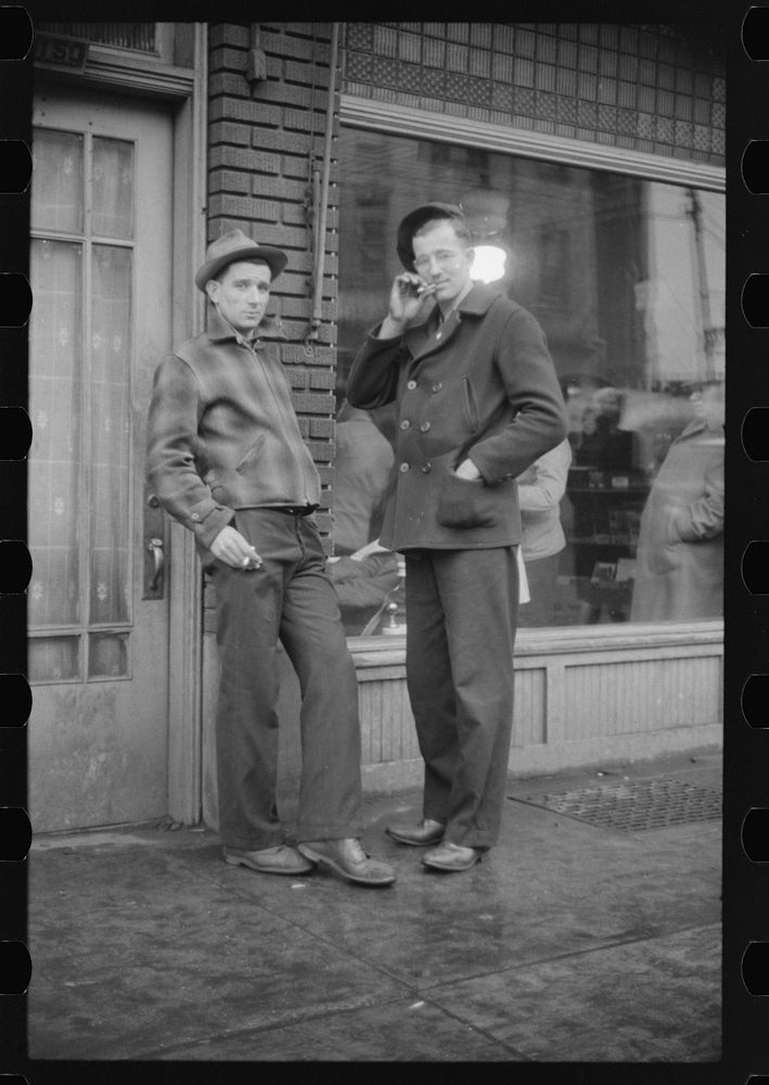 [Untitled photo, possibly related to: Steel workers waiting for a bus in Aliquippa, Pennsylvania]. Sourced from the Library…