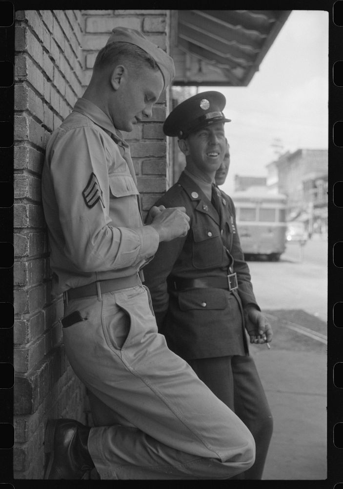 Soldiers from Fort Benning on a street in Columbus, Georgia. Sourced from the Library of Congress.