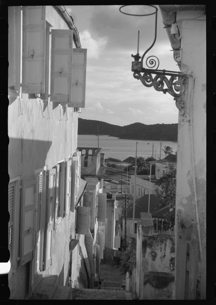 Looking toward the harbor in Charlotte Amalie, St. Thomas, Virgin Islands. Sourced from the Library of Congress.