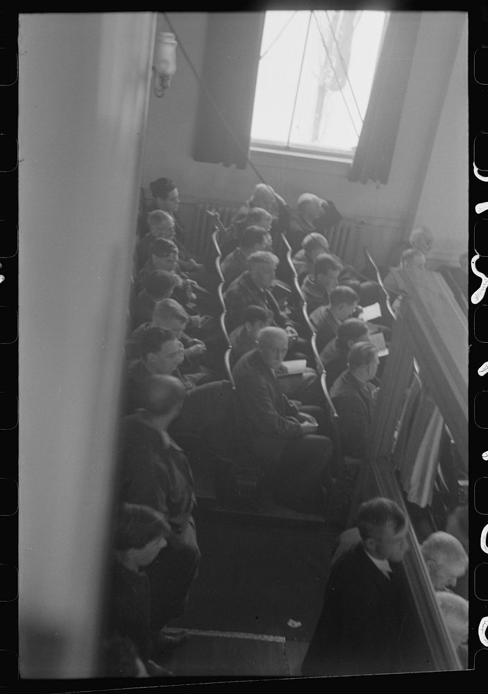 [Untitled photo, possibly related to: Townspeople listening to discussion and balloting during town meeting.  Woodstock…