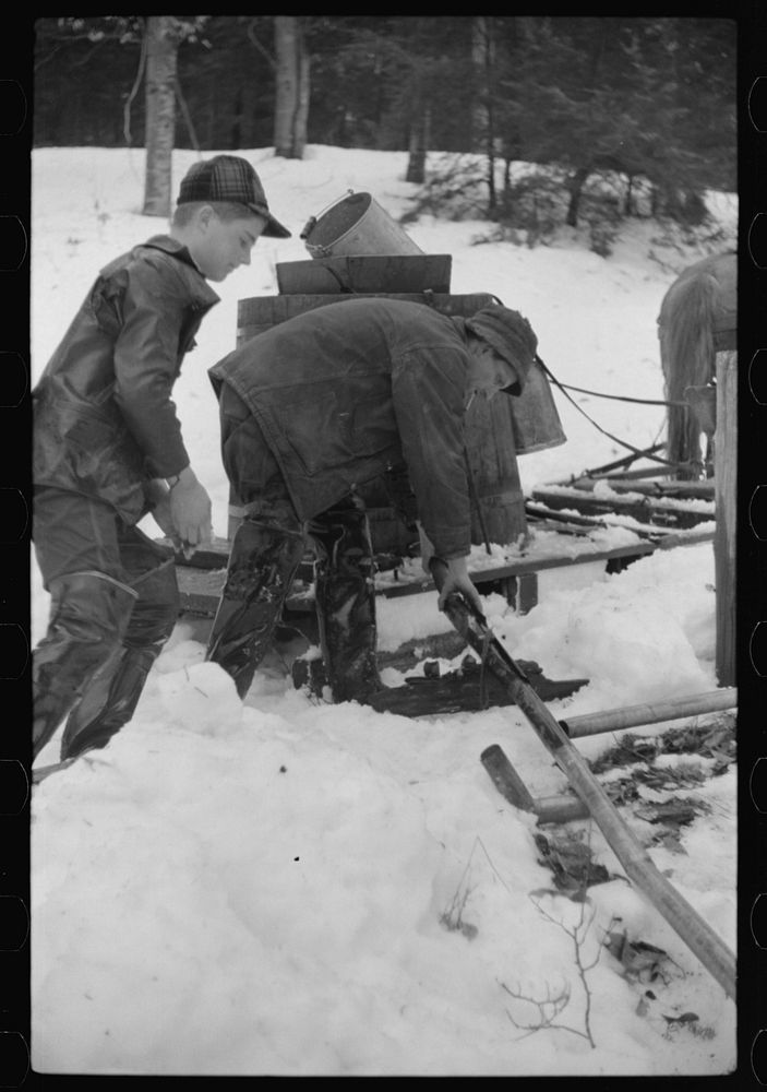 [Untitled photo, possibly related to: Men of Walter Gaylord place connecting pipe line from the vat through which will run…