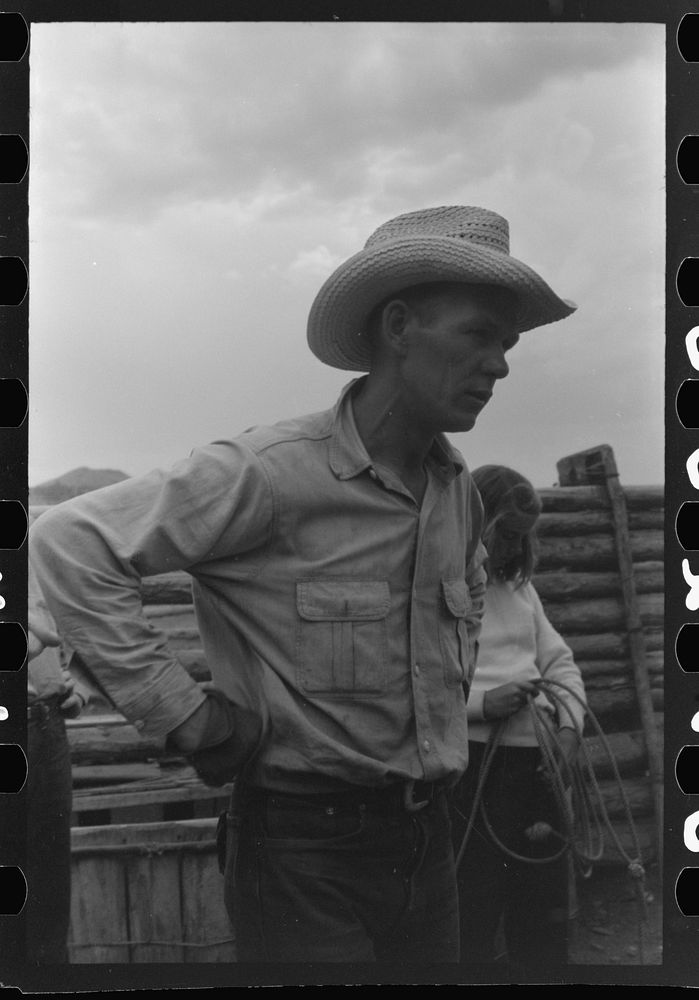 [Untitled photo, possibly related to: Dudes learning how to throw a rope, "roping" during a ranch rodeo contest. Brewster…