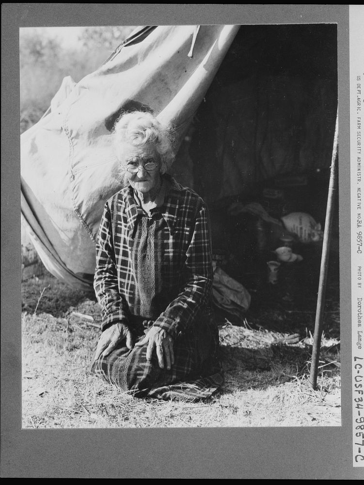 Grandmother of twenty-two children, from a farm in Oklahoma; eighty years old. Now living in camp on the outskirts of…