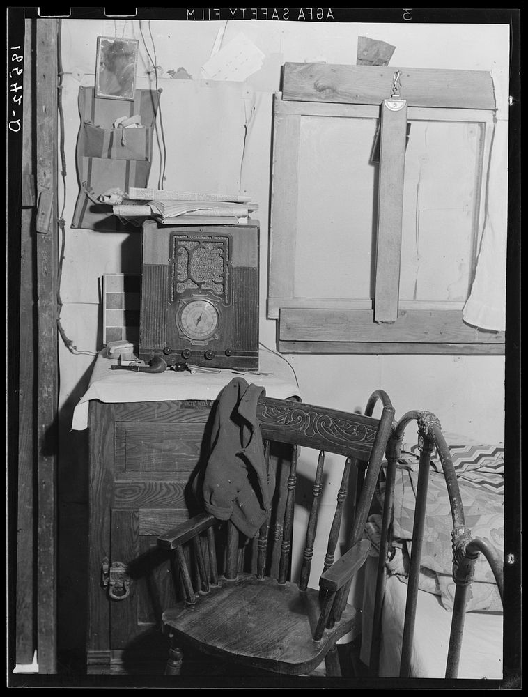 Inside of one-room shack of Rural Rehabilitation client. Tulare County, California. Sourced from the Library of Congress.