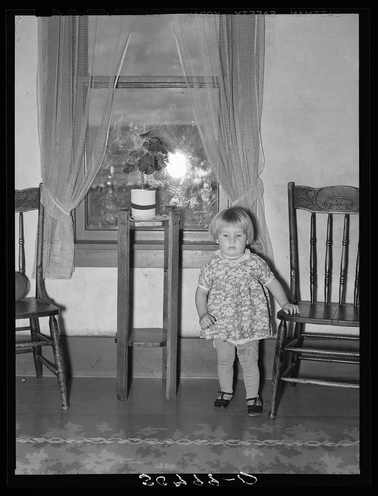 Little girl in front of window. Williams County, North Dakota by Russell Lee