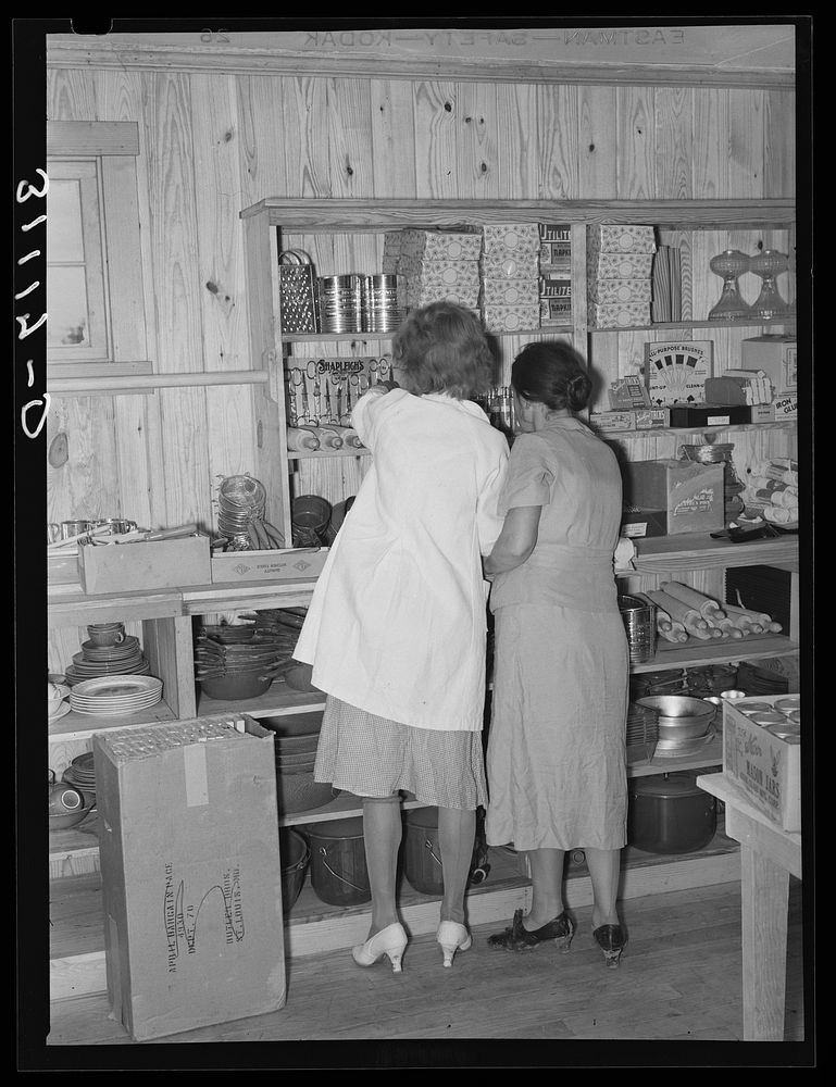 Women examining stock of goods. Co-op store. Southeast Missouri farms, Missouri by Russell Lee