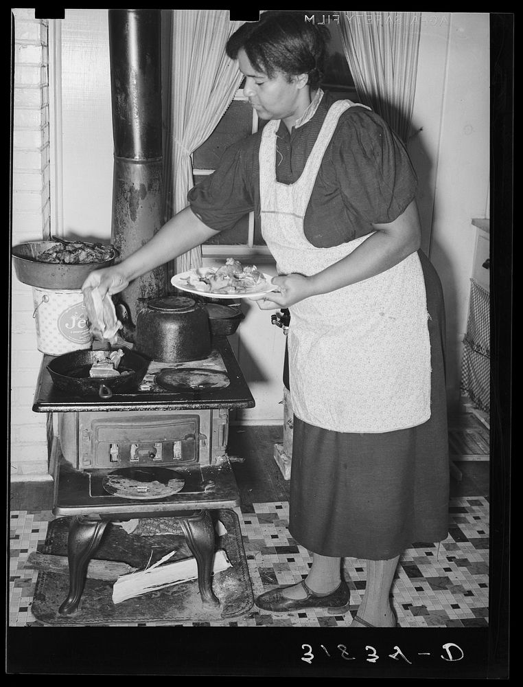 Farmer's wife cooking meat preparatory to canning. Lakeview Project, Arkansas by Russell Lee