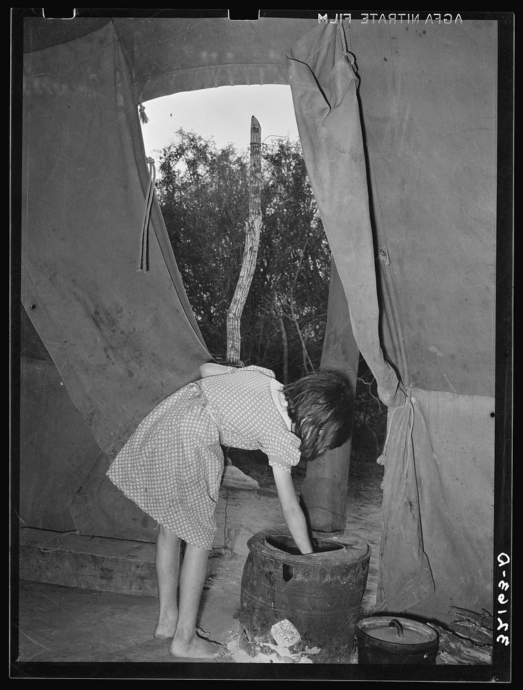 Child of white migrant worker building fire in heating stove in tent home. Harlingen, Texas by Russell Lee