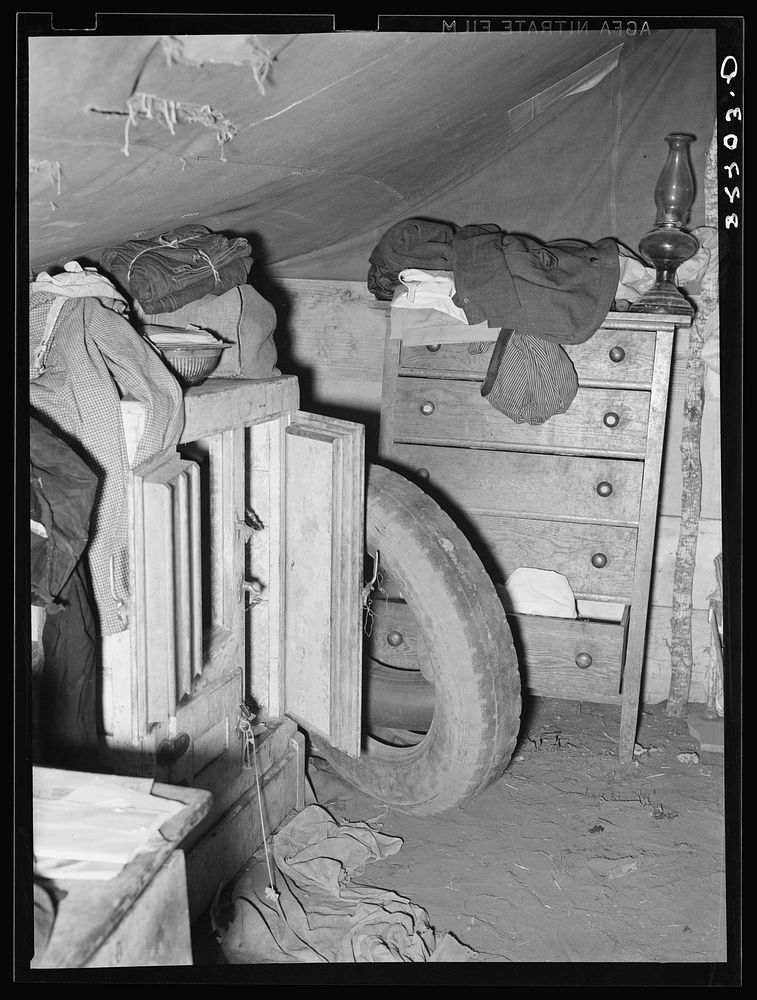 Interior of white migrant tent. Harlingen, Texas. See 32108-D by Russell Lee