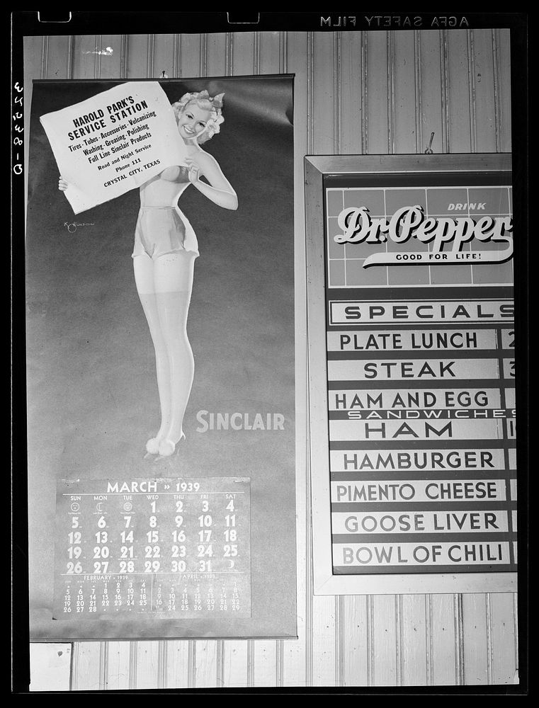 Calendar and menu. Restaurant, Crystal City, Texas by Russell Lee