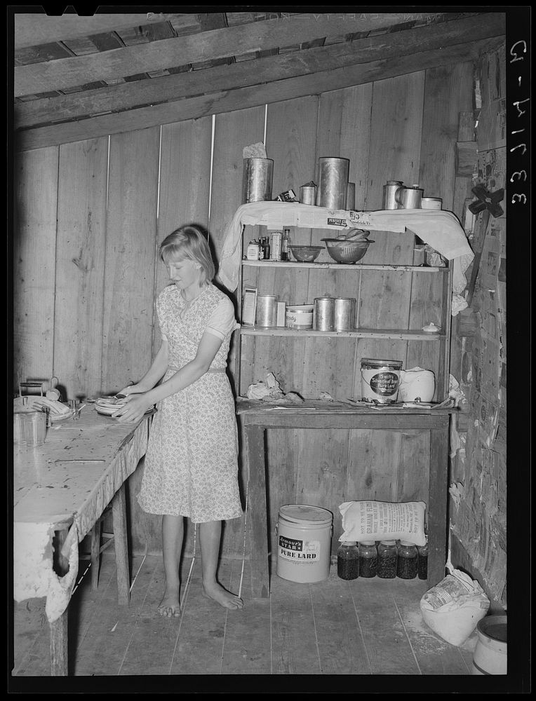 Kitchen of agricultural day laborer north of Sallisaw, Oklahoma. Sequoyah County by Russell Lee