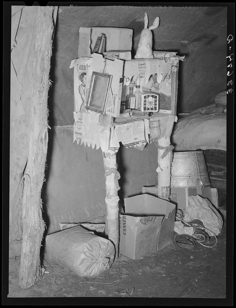 Improvised medicine cabinet in tent home of old couple living on outskirts of Sallisaw, Oklahoma. Sequoyah County by Russell…