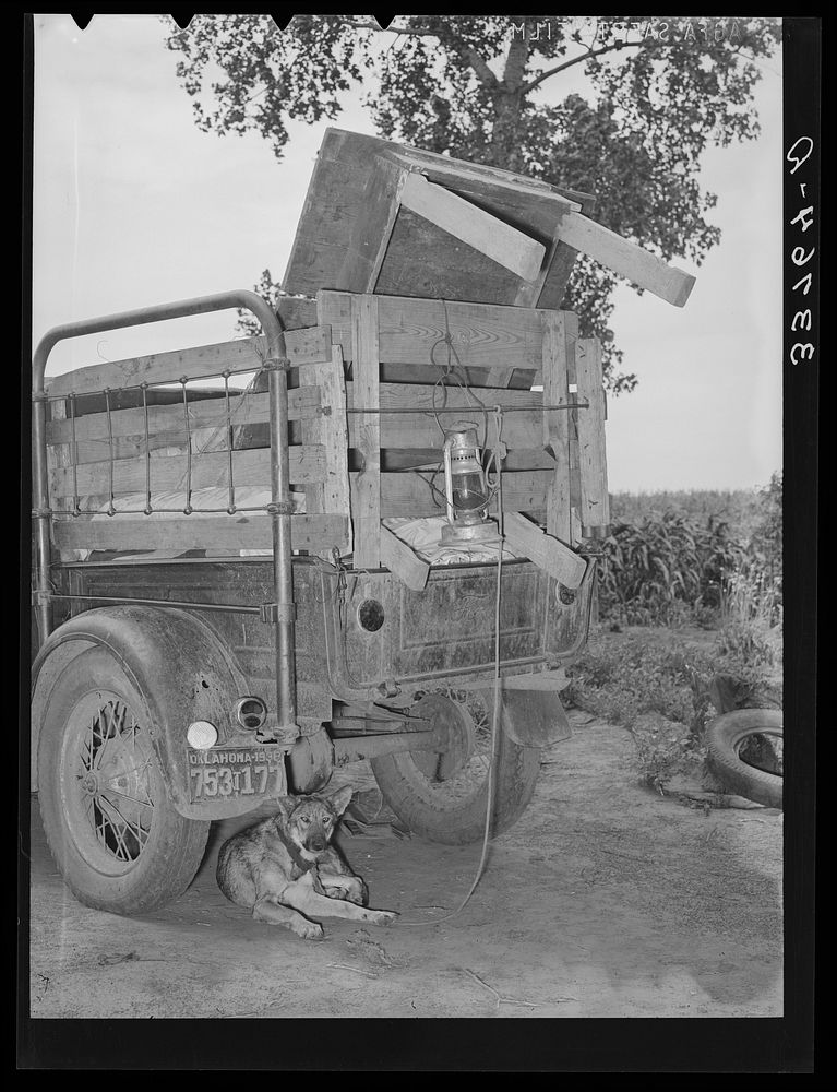 Rear of migrant's truck with dog underneath it. Getting ready to leave for California. Near Muskogee, Oklahoma by Russell Lee