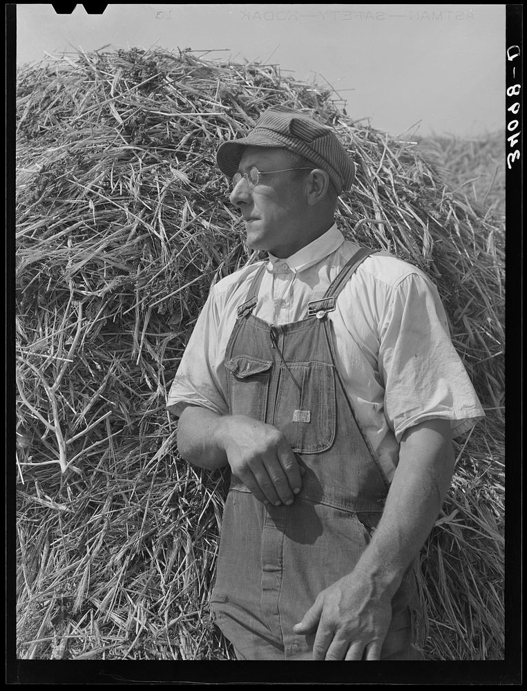 William Rall, FSA (Farm Security Administration) client, against background of feed of which he has plenty for the coming…