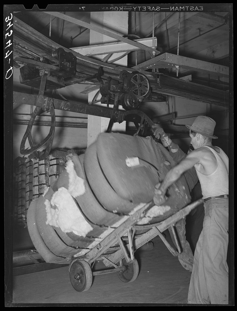 Removing bale of cotton from conveyer. Compress, Houston, Texas by Russell Lee