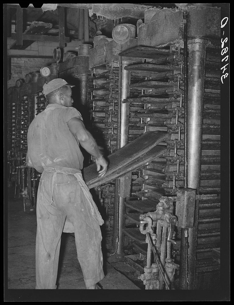 Removing the cotton seed cake and mat from hydraulic presses after the oil has been removed. Cotton seed oil mill, McLennan…