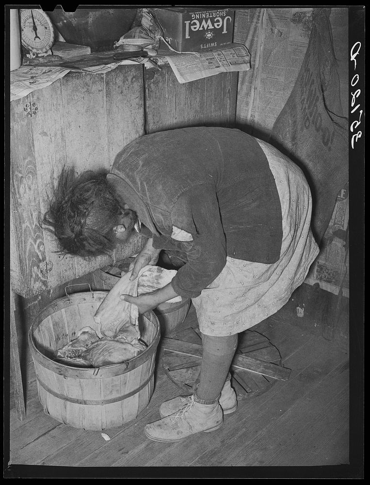 Supply of home-cured bacon in the home of Pomp Hall,  tenant farmer. Creek County, Oklahoma. See general caption number 23…