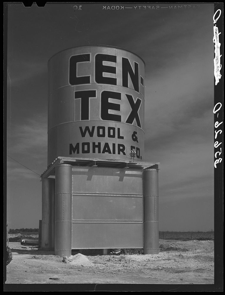 Water storage tank at wool and mohair scouring plant in San Marcos, Texas by Russell Lee