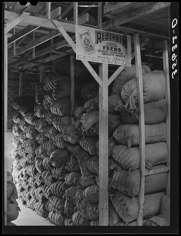 Sacks of wool and mohair in storage at the Kimble County Wool and Mohair Company Warehouse. Junction, Texas is in the center…