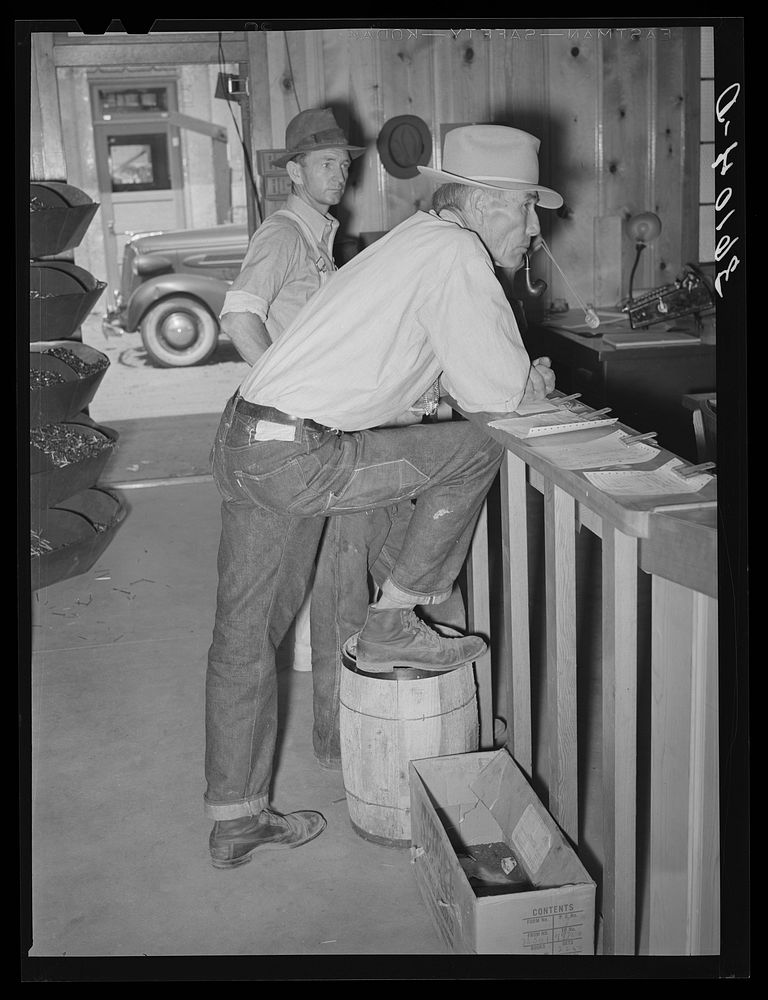 Farmers waiting at the lumber yard office of the United Producers and Consumers Cooperative. Phoenx, Arizona by Russell Lee