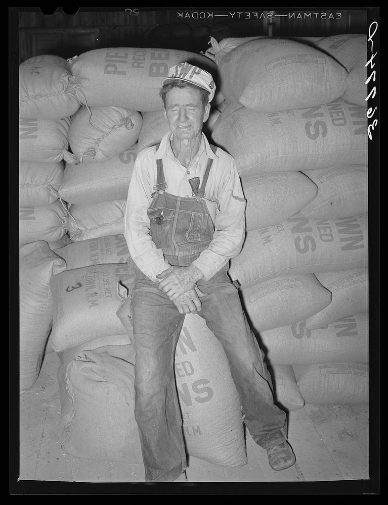 Mr. Craig, first and foremost citizen of Pie Town, New Mexico. He is sitting on sacks of pinto beans. While he owns the…