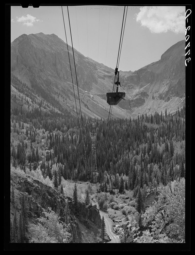 Aerial tram leading from mine to mill. Topography is such that this is the most efficient means of transporting ore over the…