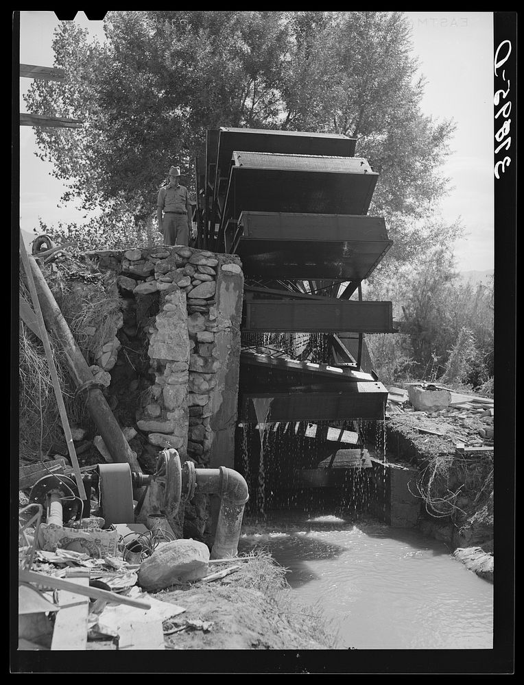 FSA (Farm Security Administration) cooperative waterwheel. Water is used for irrigation. Near Littlefield, Mohave County…