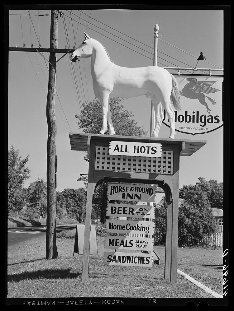 White Horse Whiskey advertisement in front of Horse and Hound Inn on Route 6. Watertown, Connecticut. Sourced from the…