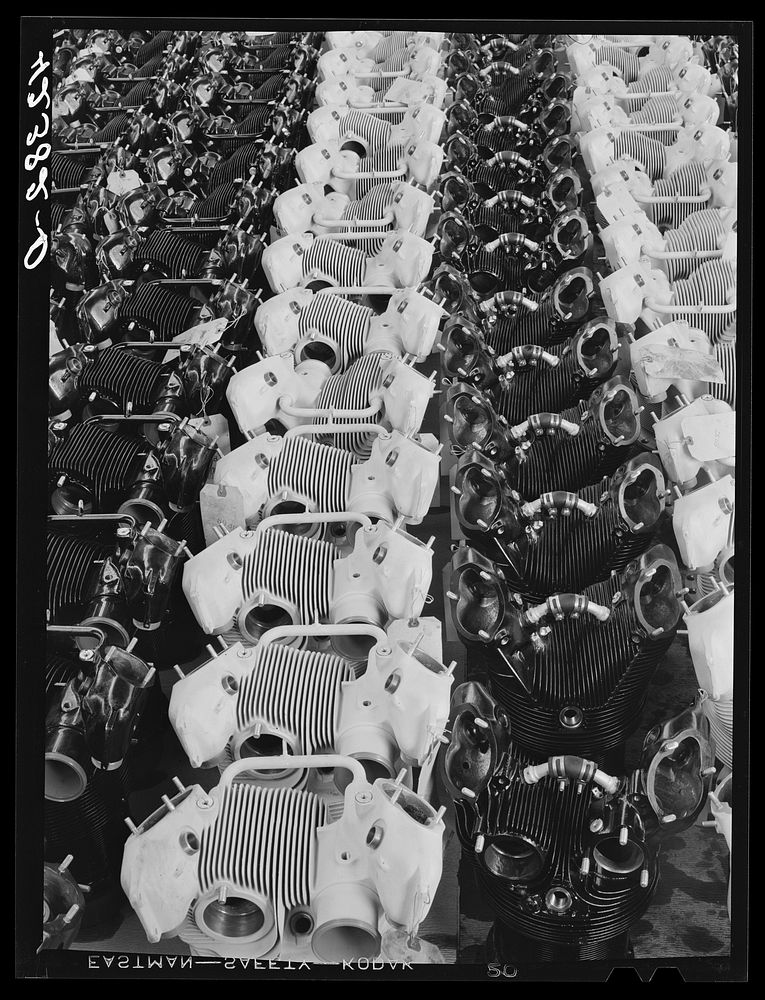 Freshly-painted cylinders for aircraft engines on the floor of the plant in east Hartford, Connecticut. Sourced from the…