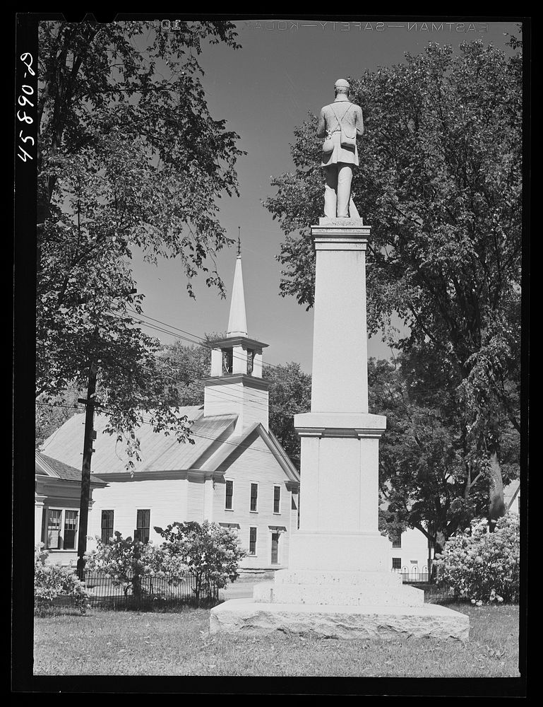 Tunbridge, Vermont. Monument and a church. Sourced from the Library of Congress.