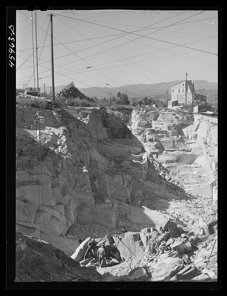 At the Wells-Lemson granite quarry near Barre, Vermont. Sourced from the Library of Congress.