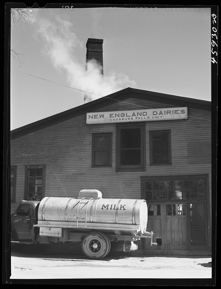Milk truck in front of the New England Dairies in Enosburg Falls, Vermont. Sourced from the Library of Congress.