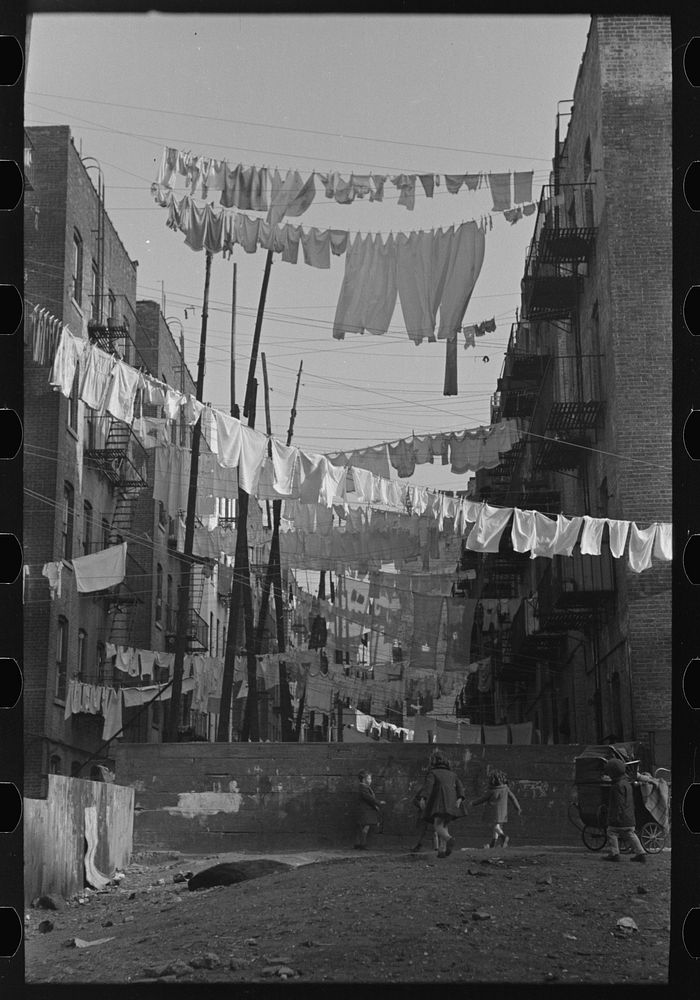 An avenue of clothes washings between 138th and 139th Street apartments, just east of St. Anne's Avenue, Bronx, New York by…