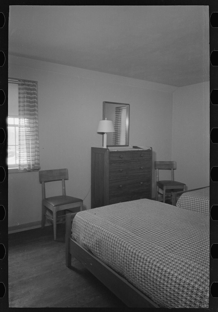 [Untitled photo, possibly related to: Bedroom in the model house at Greendale, Wisconsin] by Russell Lee