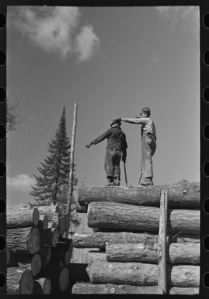 Lumberjacks on carload of timber, near Effie, Minnesota by Russell Lee