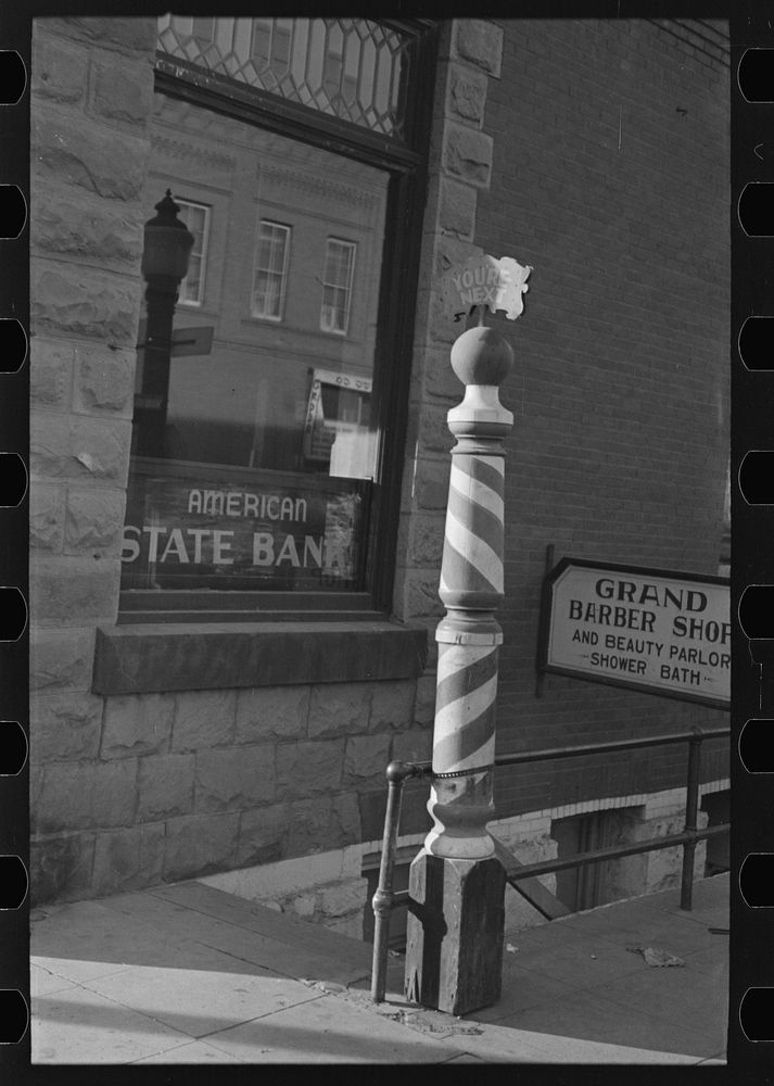 Barber pole, Williston, North Dakota by Russell Lee