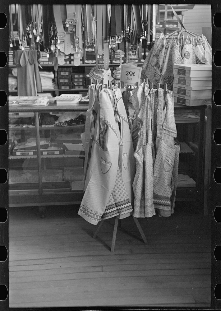Aprons on display in general store, Ray, North Dakota by Russell Lee
