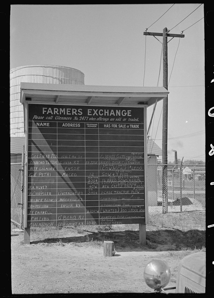 [Untitled photo, possibly related to: Bulletin board of farmer's exchange at liquid feeding station, Owensboro, Kentucky] by…