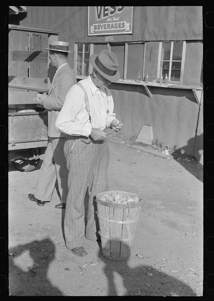 Farmer eating peach at livestock auction, Sikeston, Missouri by Russell Lee