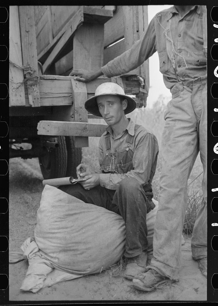 Recording weights of cotton picked by day laborers, Lake Dick Project, Arkansas by Russell Lee