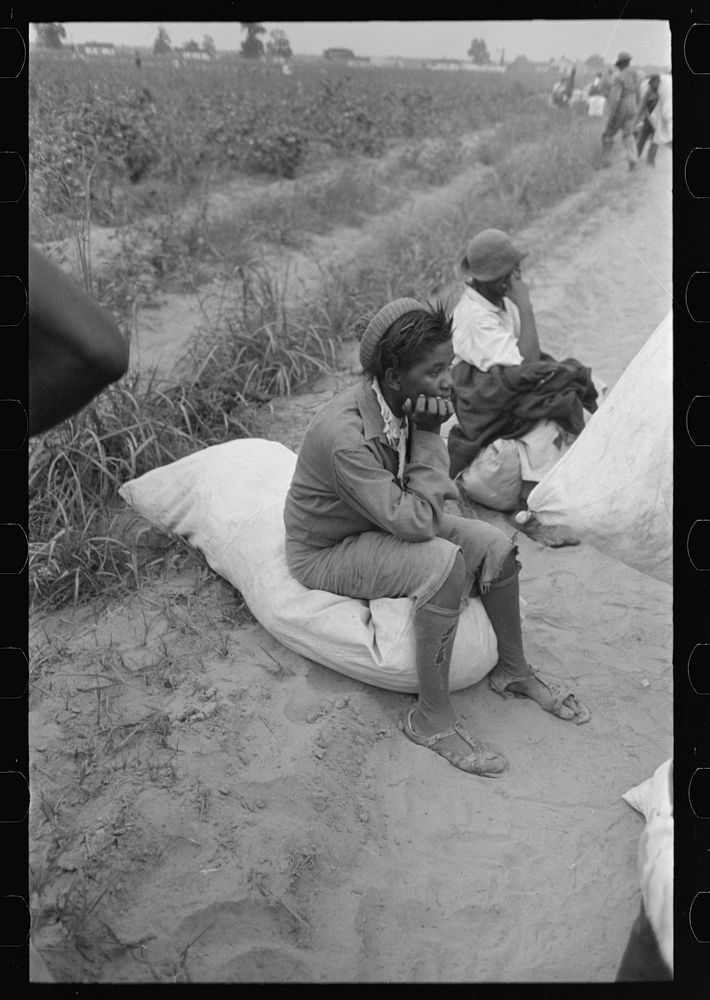 Cotton pickers resting on bag, Lake Dick Project, Arkansas by Russell Lee