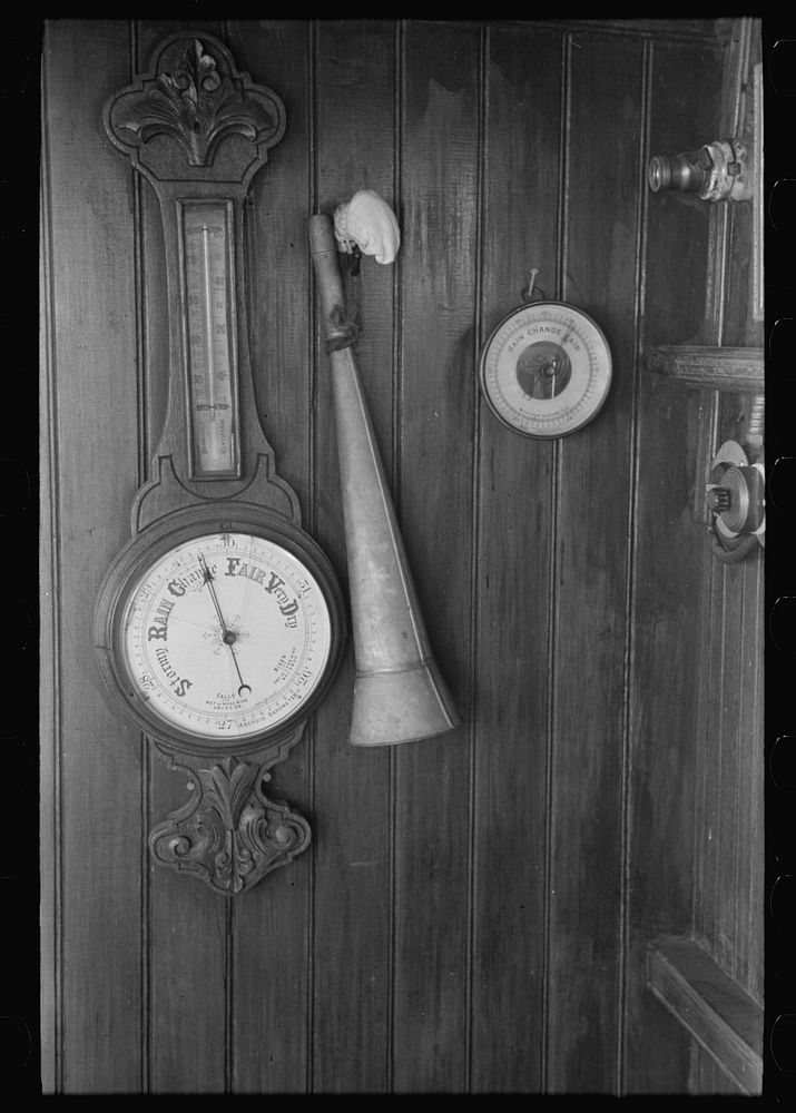 Instruments in wheel house of El Rito, barometer, thermometer, and fog horn, Louisiana by Russell Lee