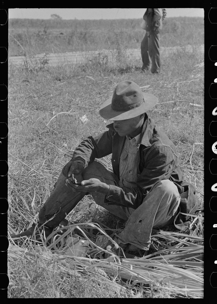  sugarcane worker eating lunch in field near New Iberia, Louisiana by Russell Lee