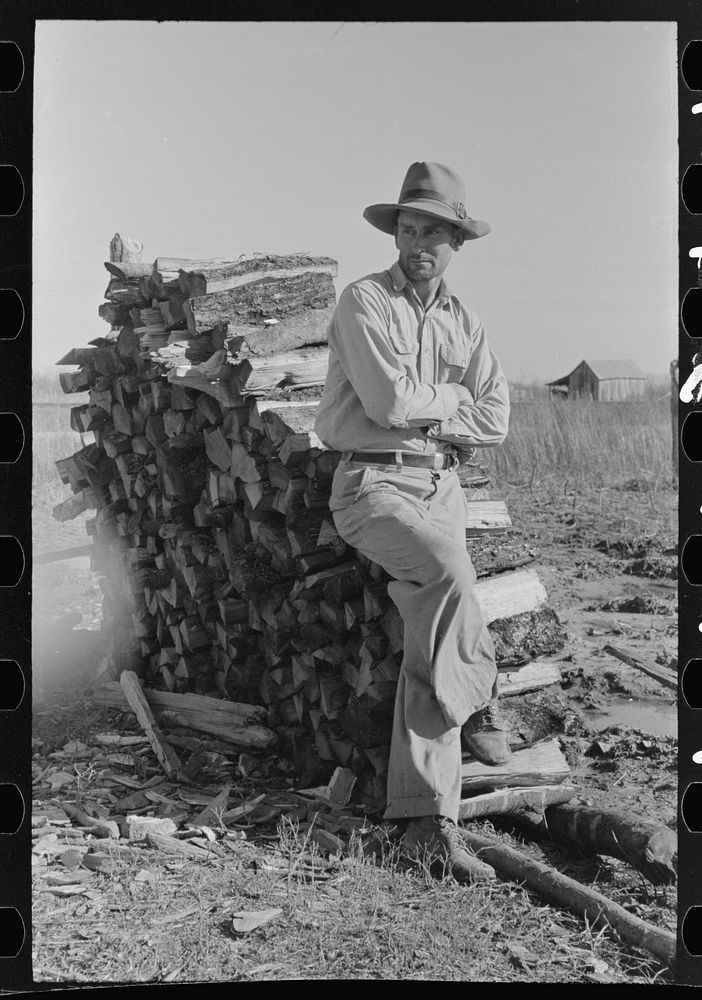 Farmer standing by wood pine, Transylvania Project, Louisiana by Russell Lee