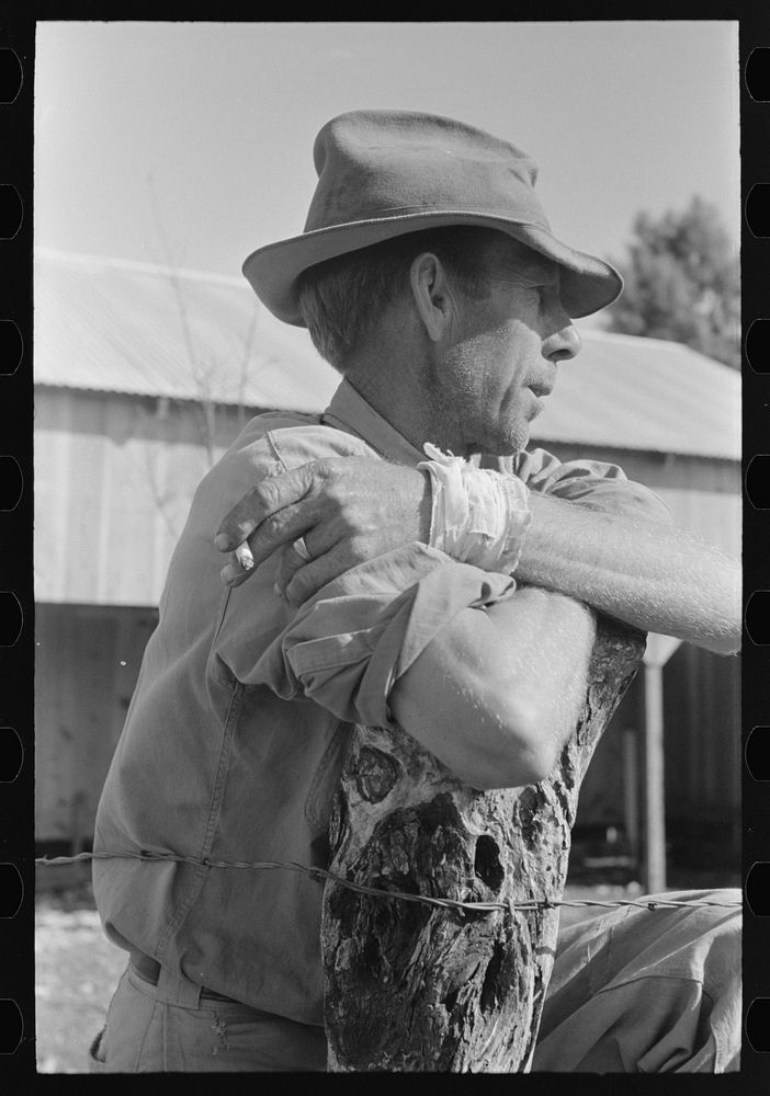 [Untitled photo, possibly related to: Farmer leaning on fence near Weslaco, Texas. FSA (Farm Security Administration)…