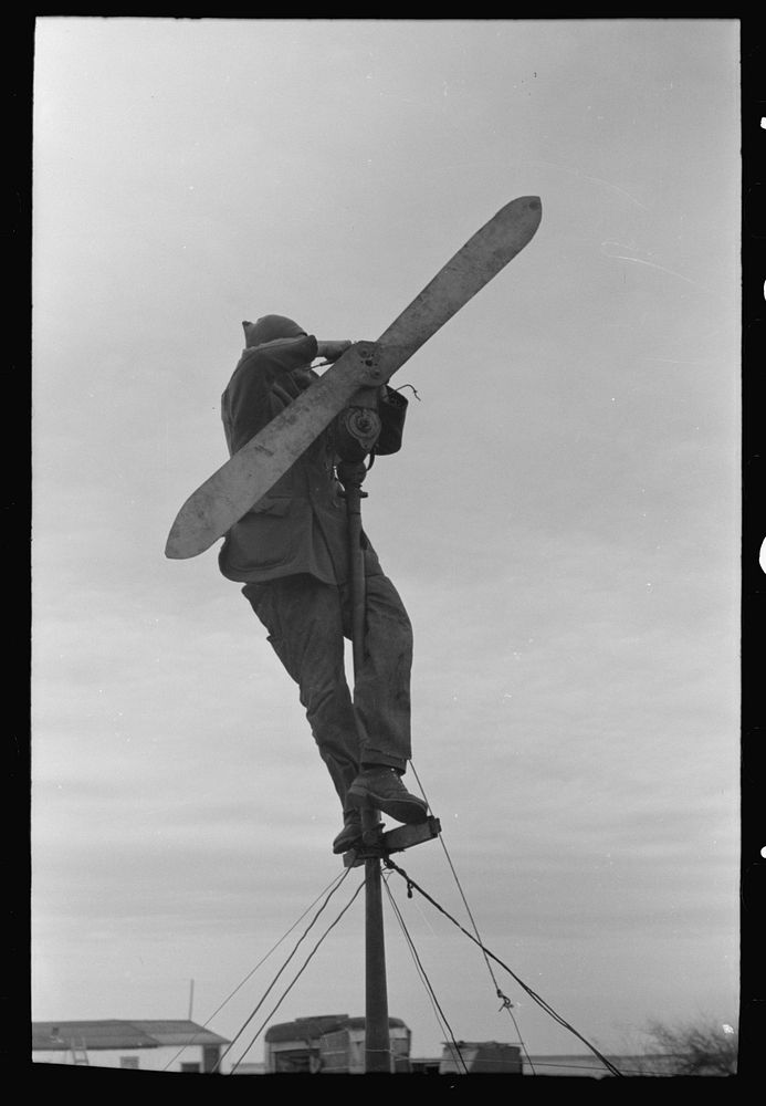 [Untitled photo, possibly related to: Shrimp fisherman, squatter on Nueces Bay, erecting wind charger for running his radio.…