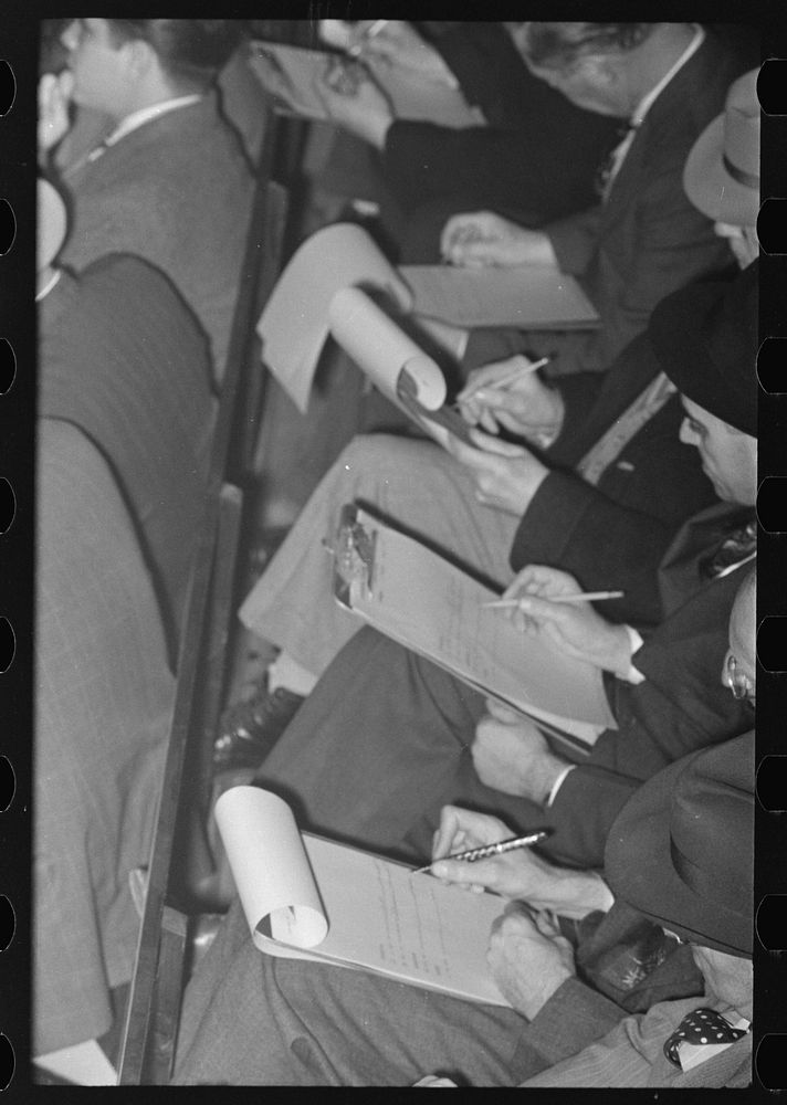 [Untitled photo, possibly related to: Group of buyers at strawberry auction, Hammond, Louisiana. Third man from right in…