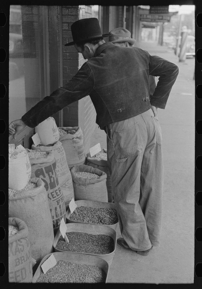 Farmer looking at seed which is displayed for sale, San Augustine, Texas by Russell Lee